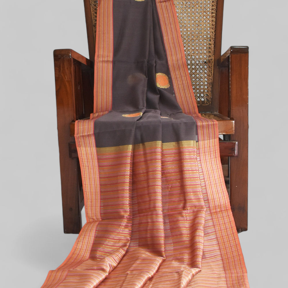 Brown-  Rose Butta Organic Cotton Saree