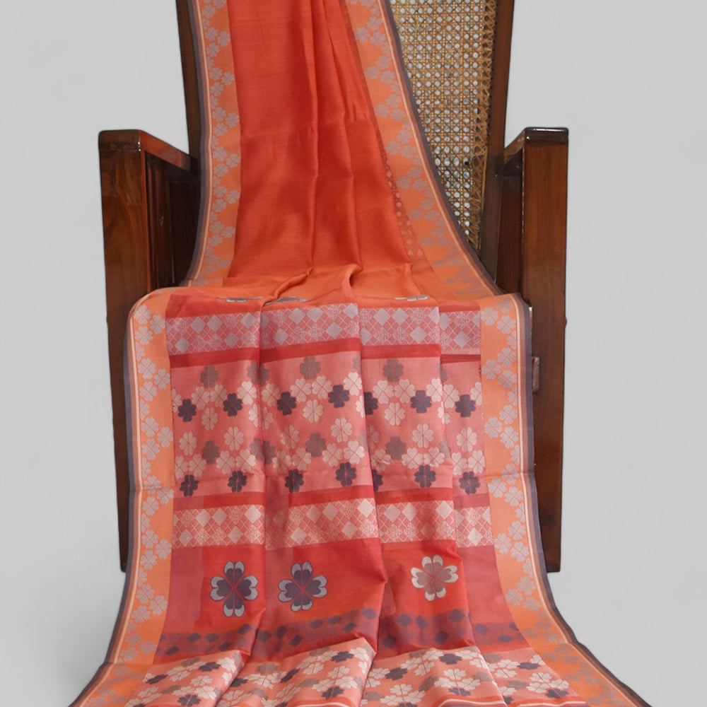 Orange - Clover Motif Organic Cotton Saree