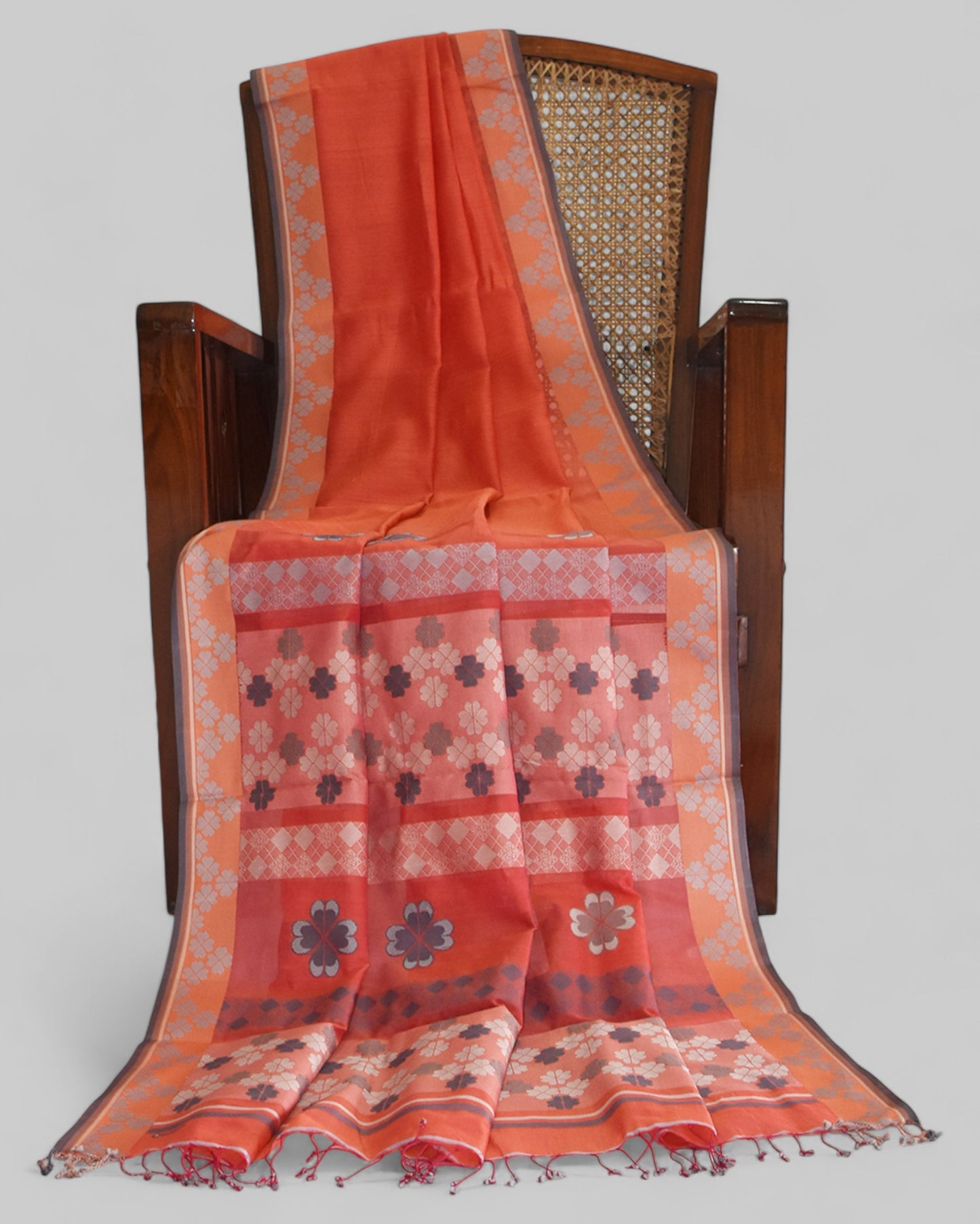 Orange - Clover Motif Organic Cotton Saree