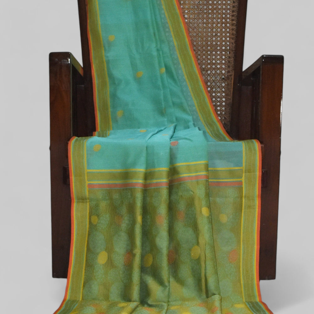 Sea Blue - Cactus Motif Organic Cotton Saree