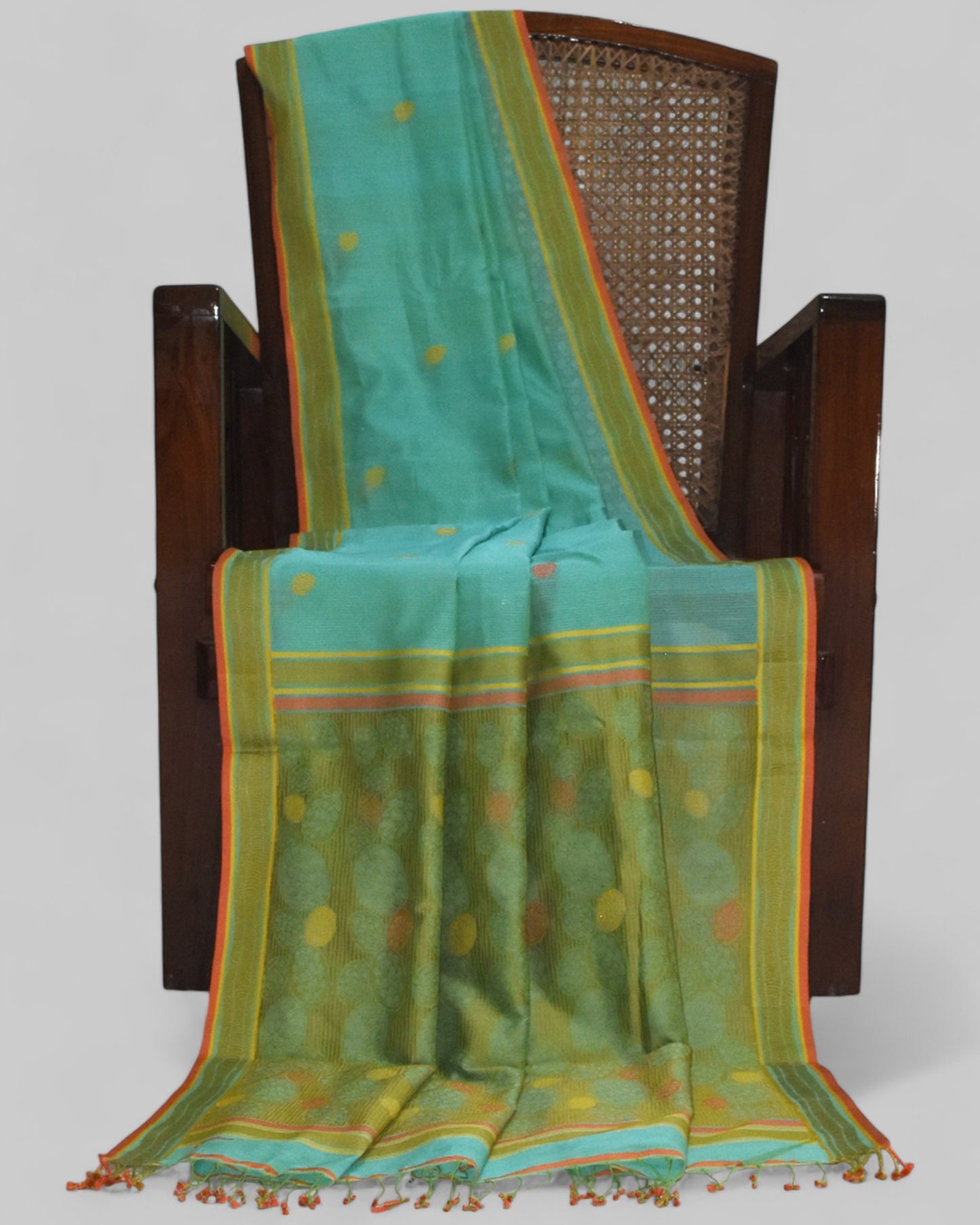 Sea Blue - Cactus Motif Organic Cotton Saree