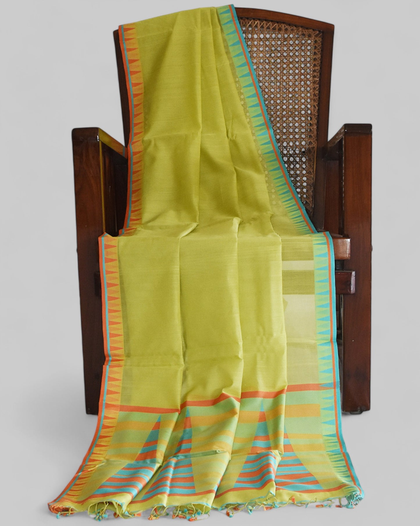 Lime Green - Temple Motif Organic Cotton Saree