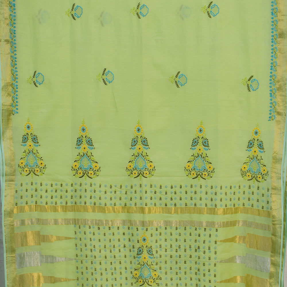 Pista Green - Hand Embroidered Organic Cotton Saree