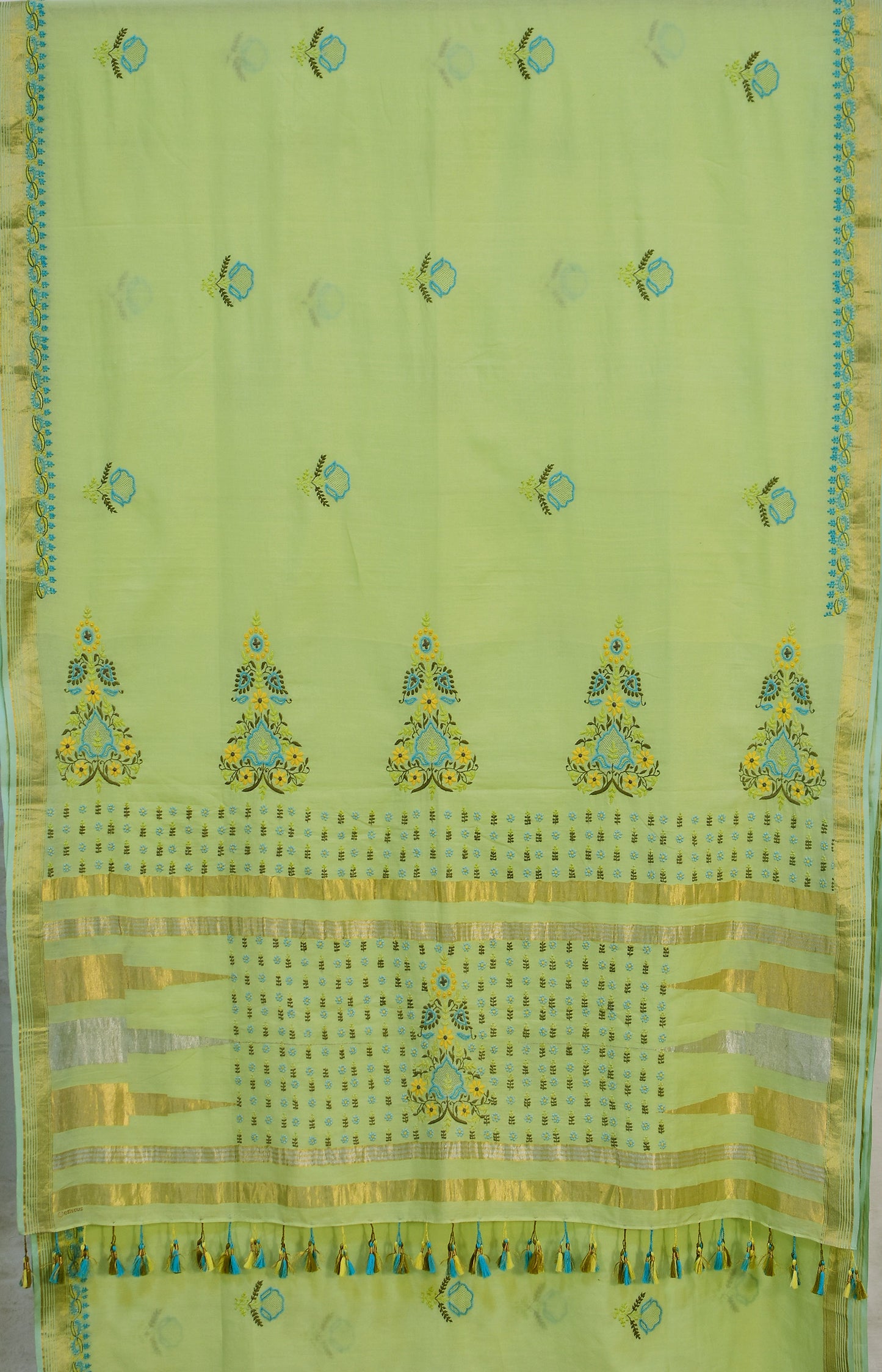 Pista Green - Hand Embroidered Organic Cotton Saree