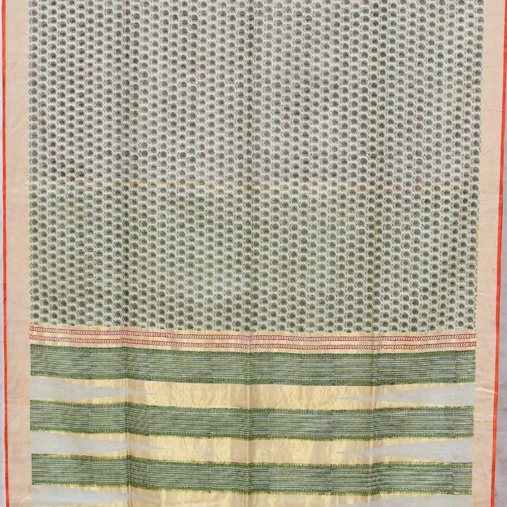 White & Green - Screen Printed Organic Cotton Saree