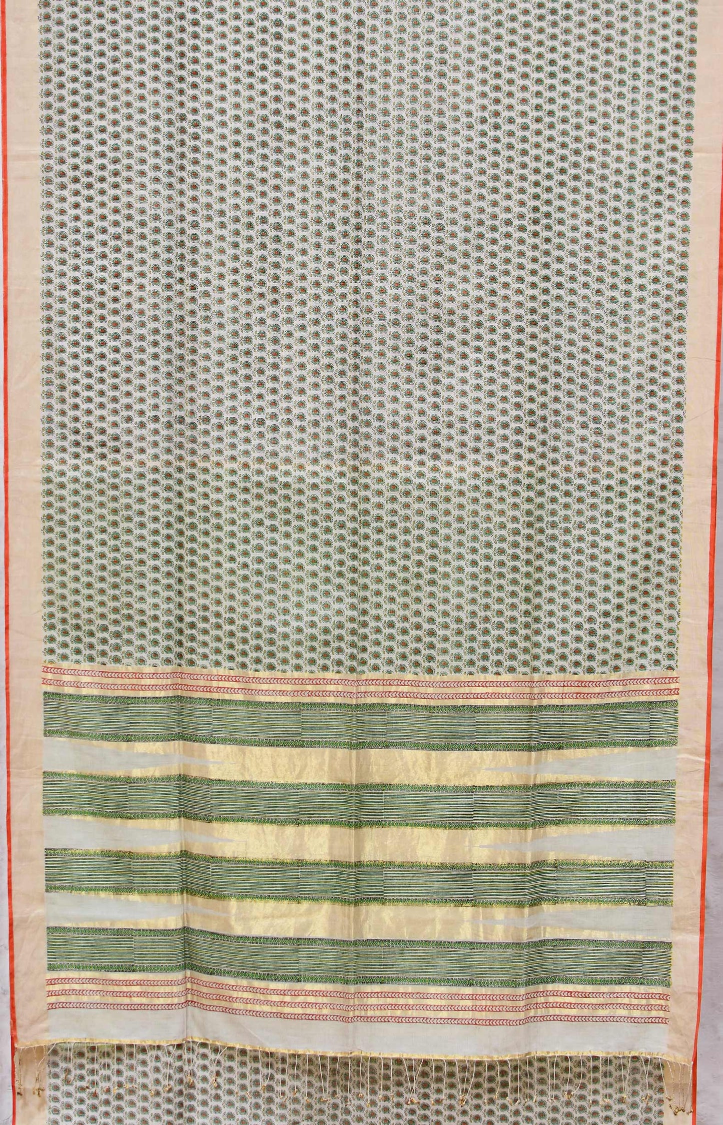 White & Green - Screen Printed Organic Cotton Saree