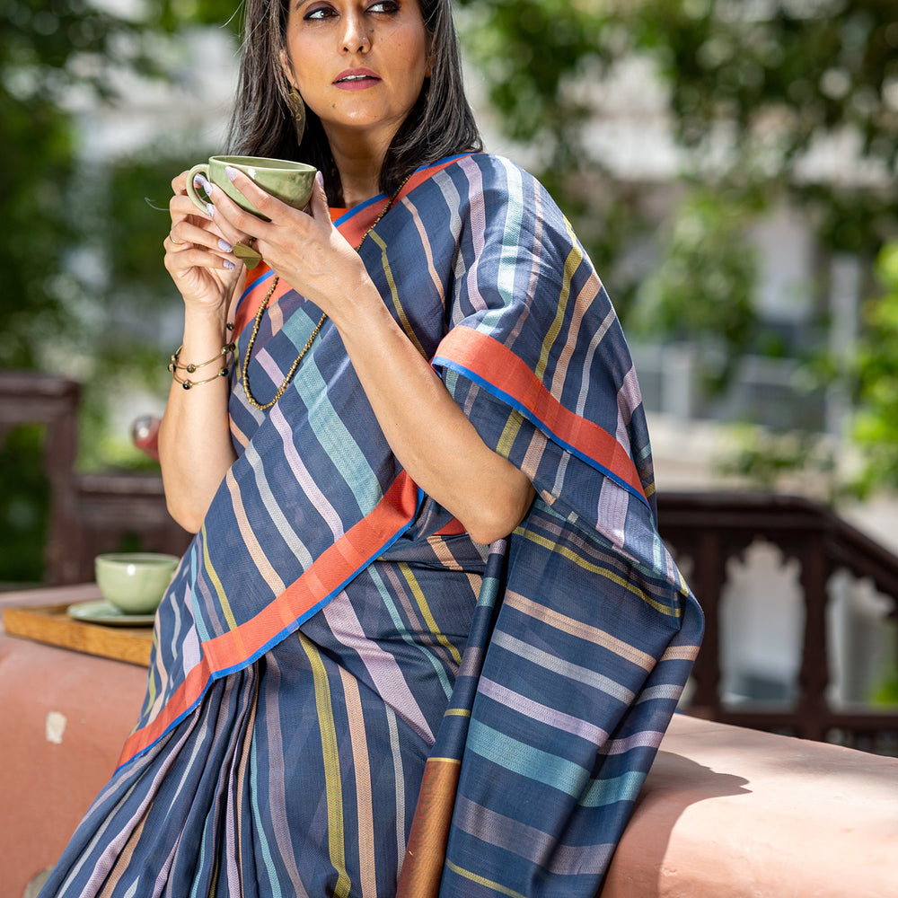 Charcoal Blue - Striped Quilt Organic Cotton Saree