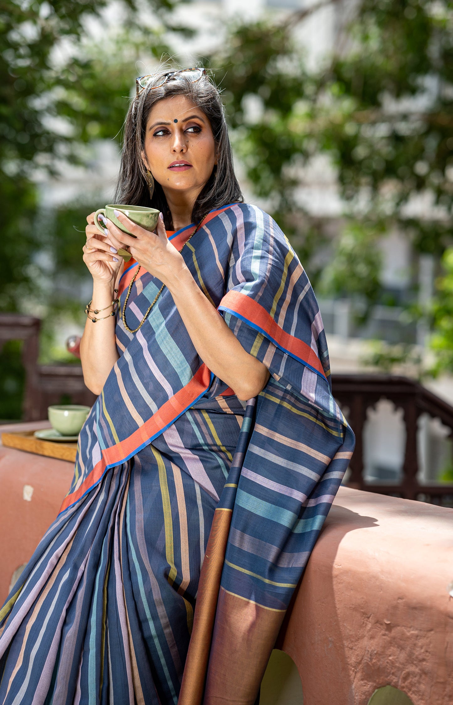 Charcoal Blue - Striped Quilt Organic Cotton Saree