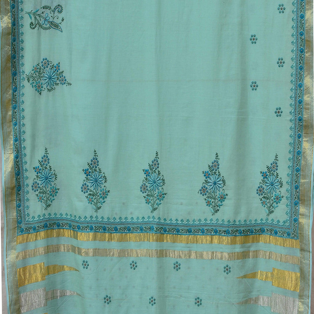 Sea Blue - Hand Embroidered Organic Cotton Saree