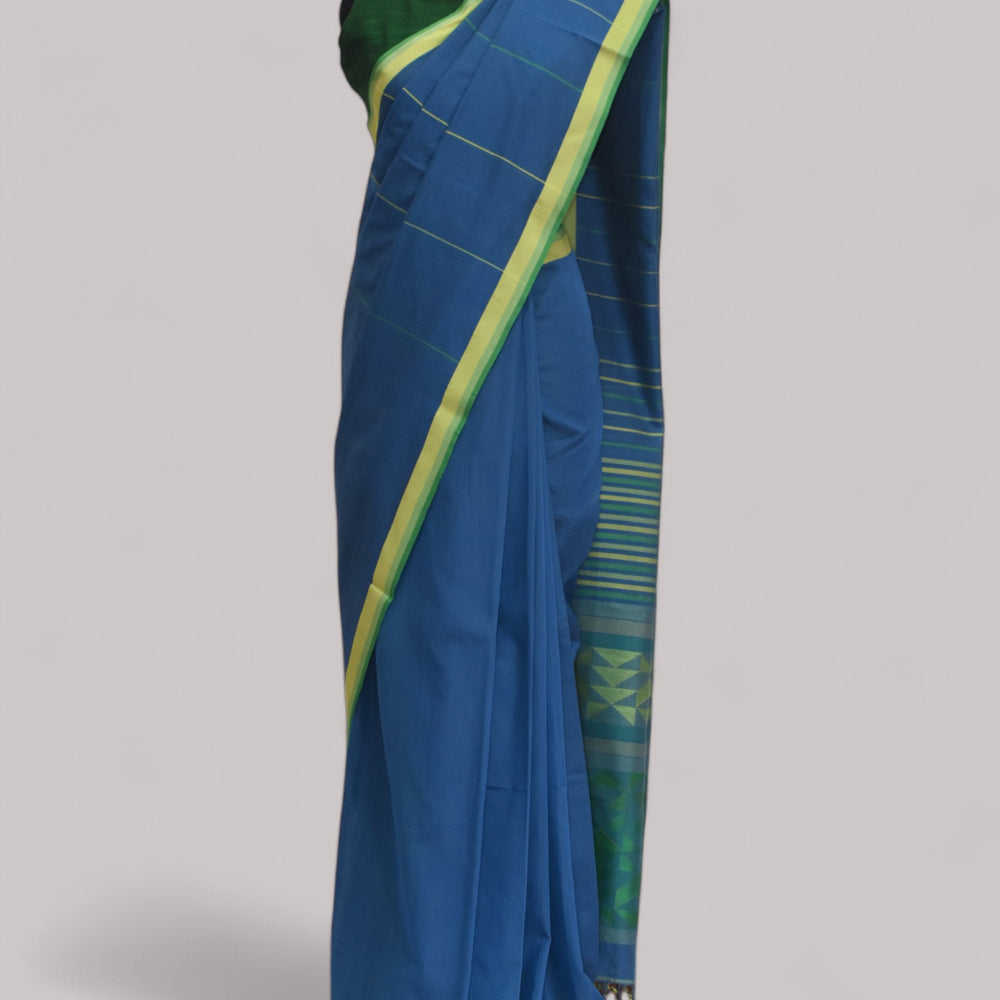 Blue - Triangle Motif Organic Cotton Saree