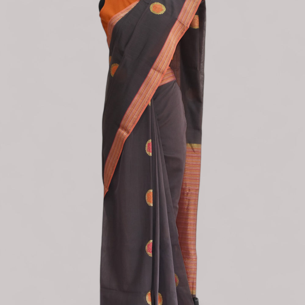 Brown-  Rose Butta Organic Cotton Saree