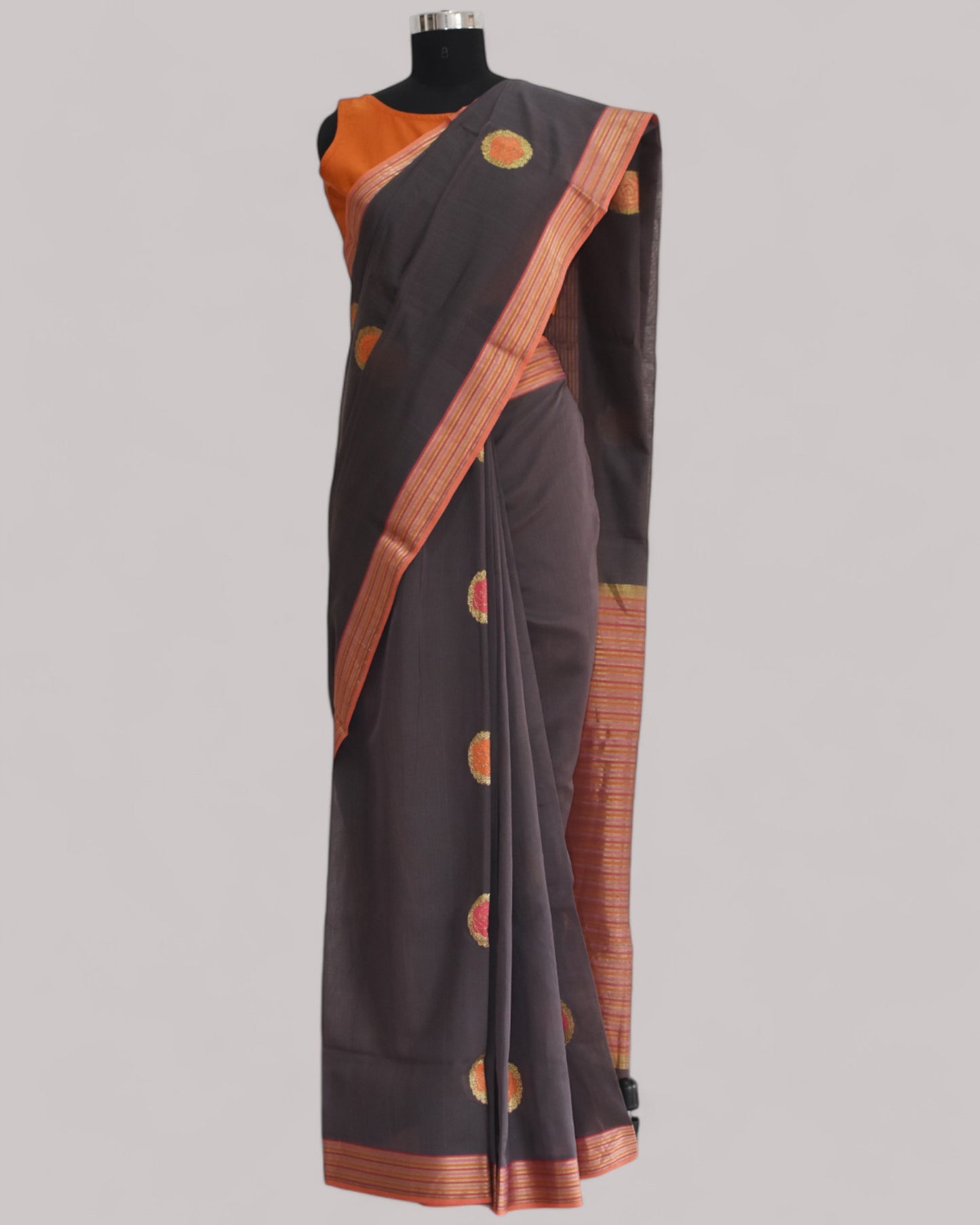 Brown-  Rose Butta Organic Cotton Saree