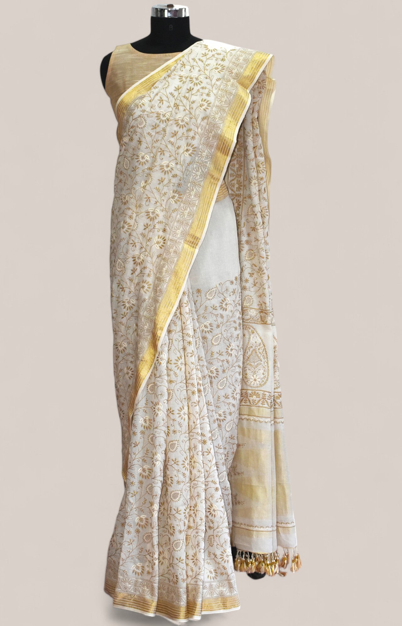 Off White - Hand Embroidered Organic Cotton Saree