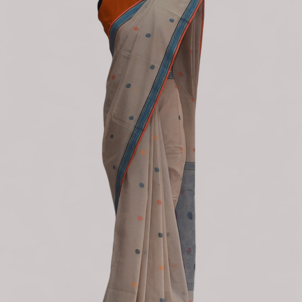 Beige - Cactus Motif Organic Cotton Saree