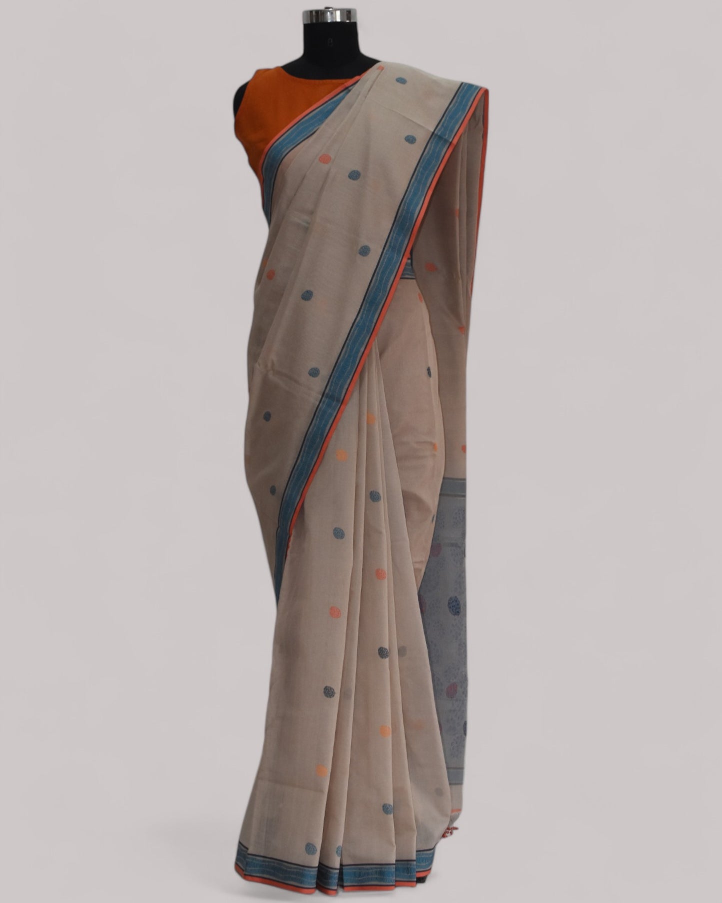 Beige - Cactus Motif Organic Cotton Saree