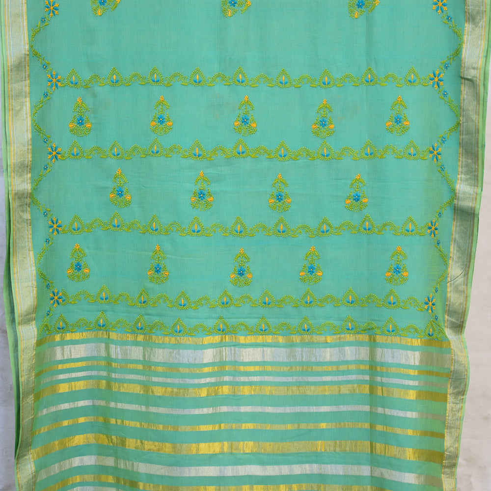 Sea Blue - Hand Embroidered Organic Cotton Saree