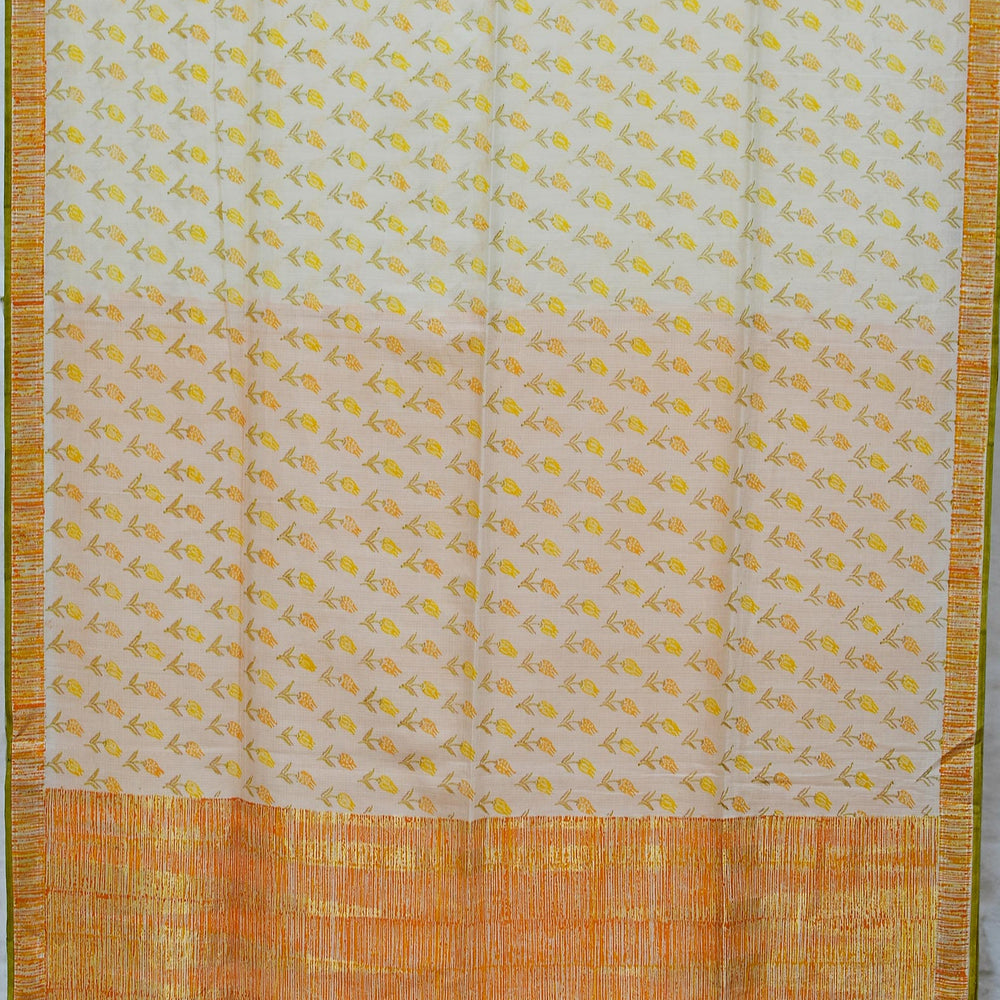 White & Yellow - Screen Printed Organic Cotton Saree