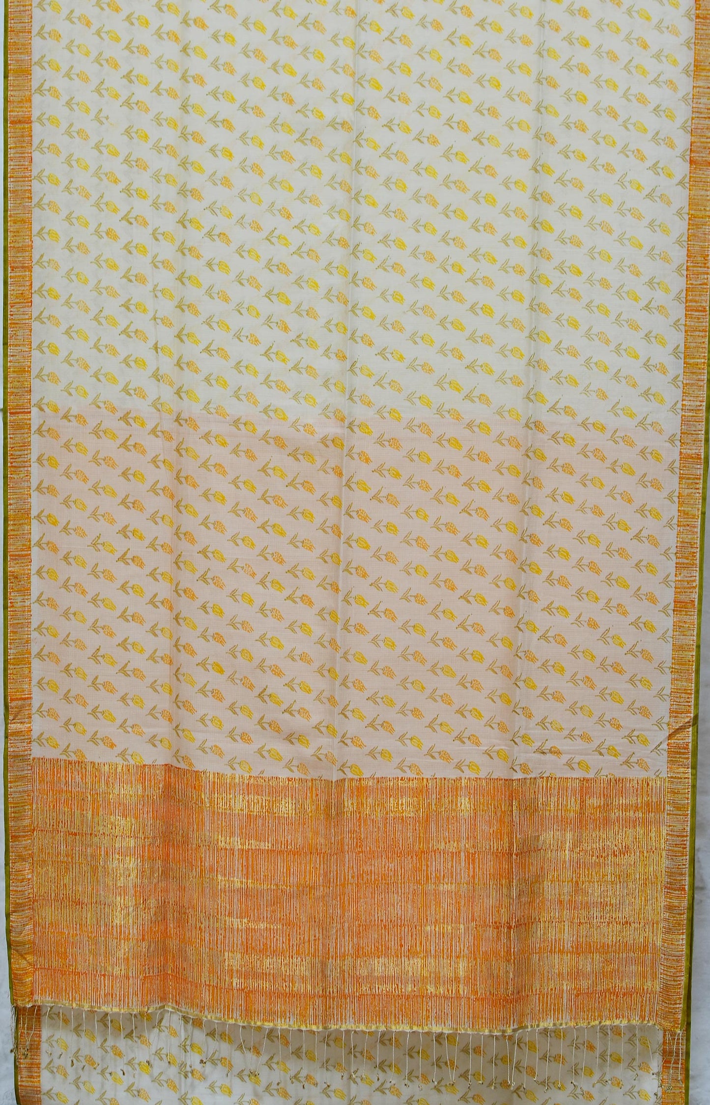 White & Yellow - Screen Printed Organic Cotton Saree