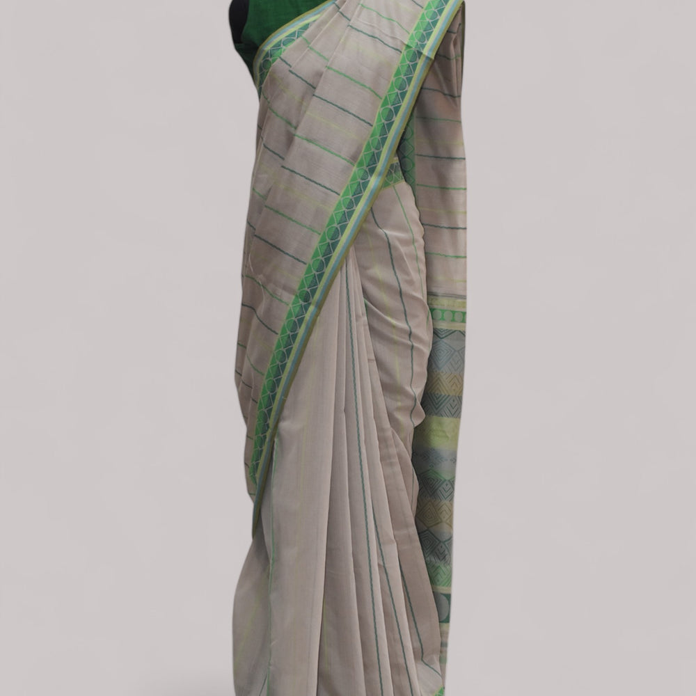 Beige - Geometric Elegance Organic Cotton Saree