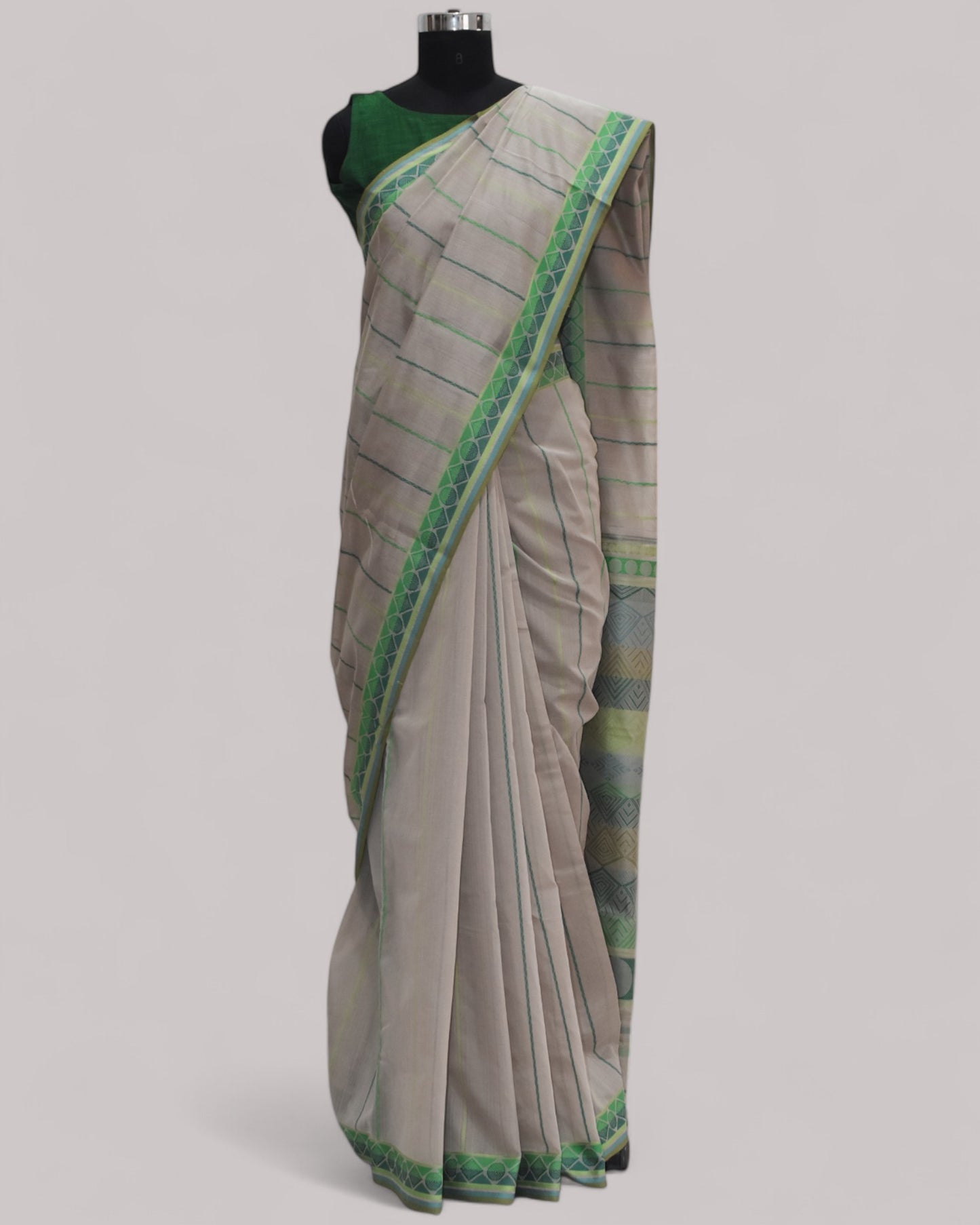 Beige - Geometric Elegance Organic Cotton Saree