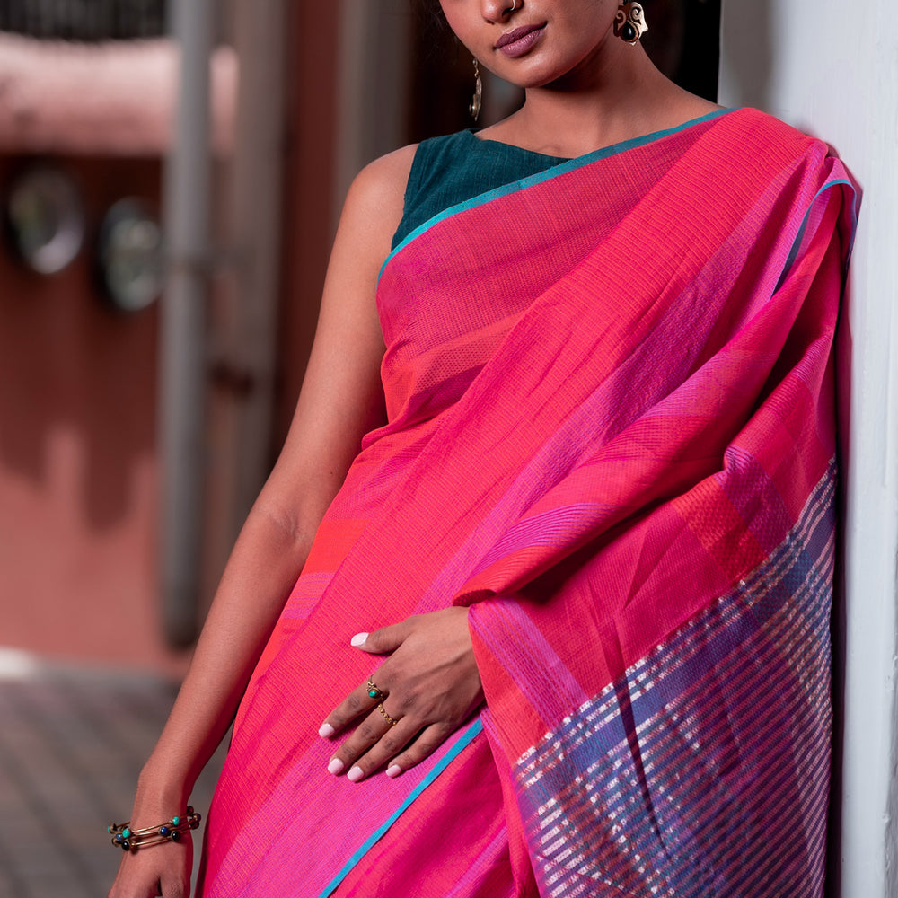 Pink- Stitch Texture Organic Cotton Saree