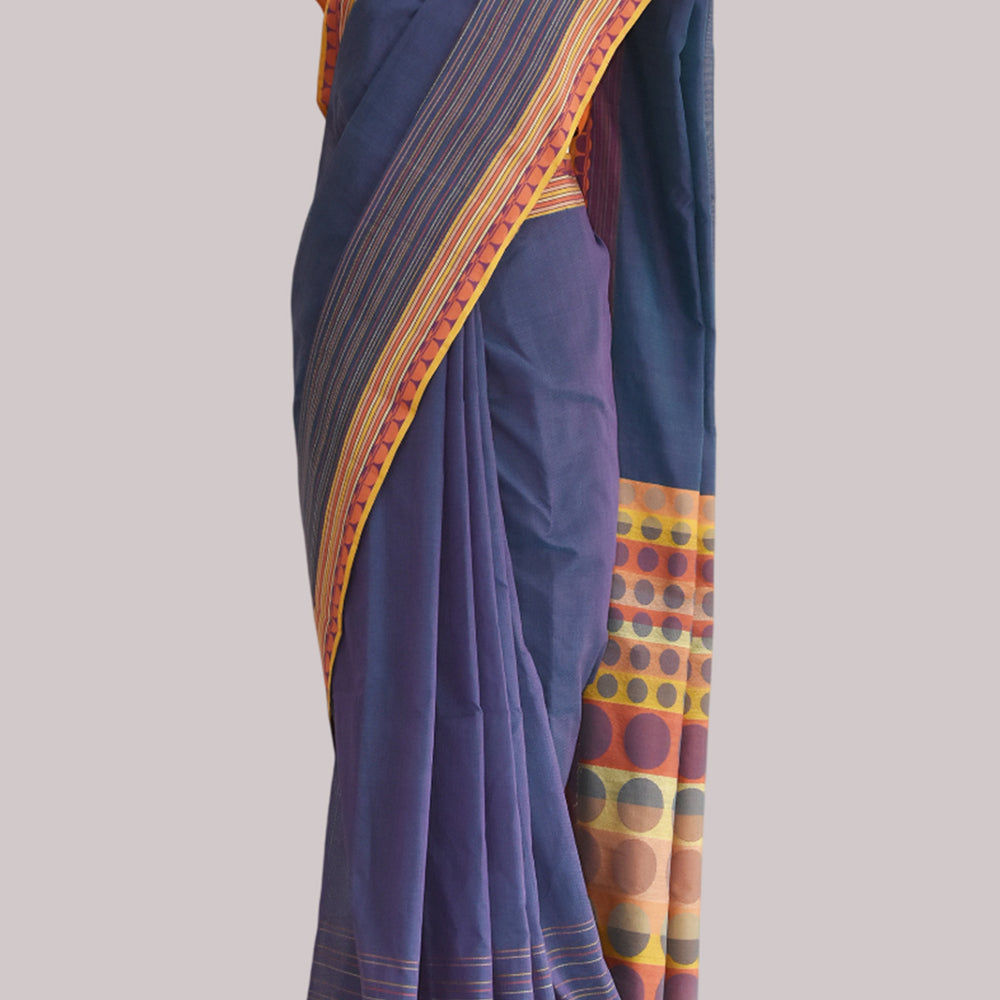 Bluish Purple - Circle  Motif Organic Cotton Saree