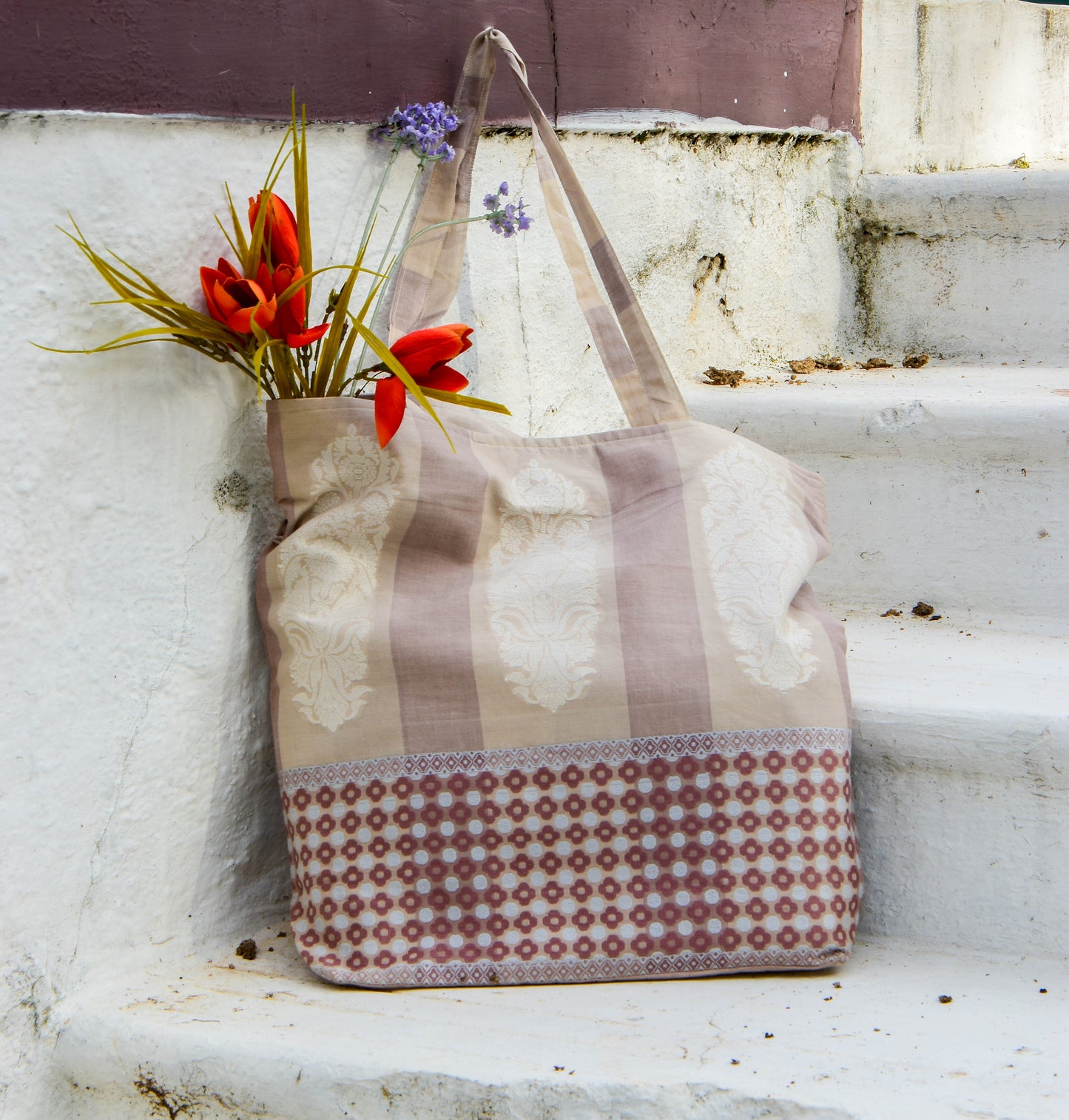 Brown - Floral Organic Cotton Tote Bag