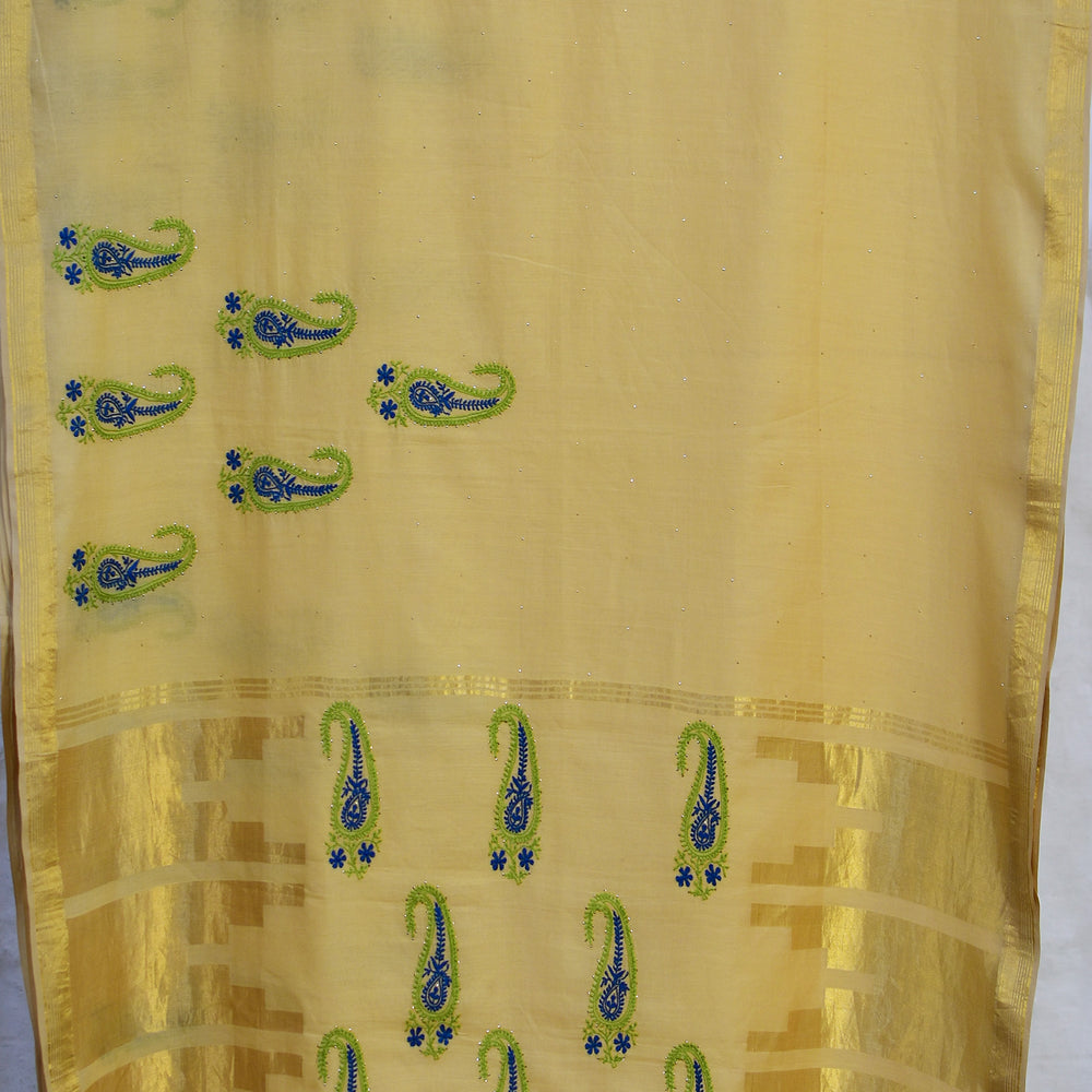 Yellow - Hand Embroidered Organic Cotton Saree