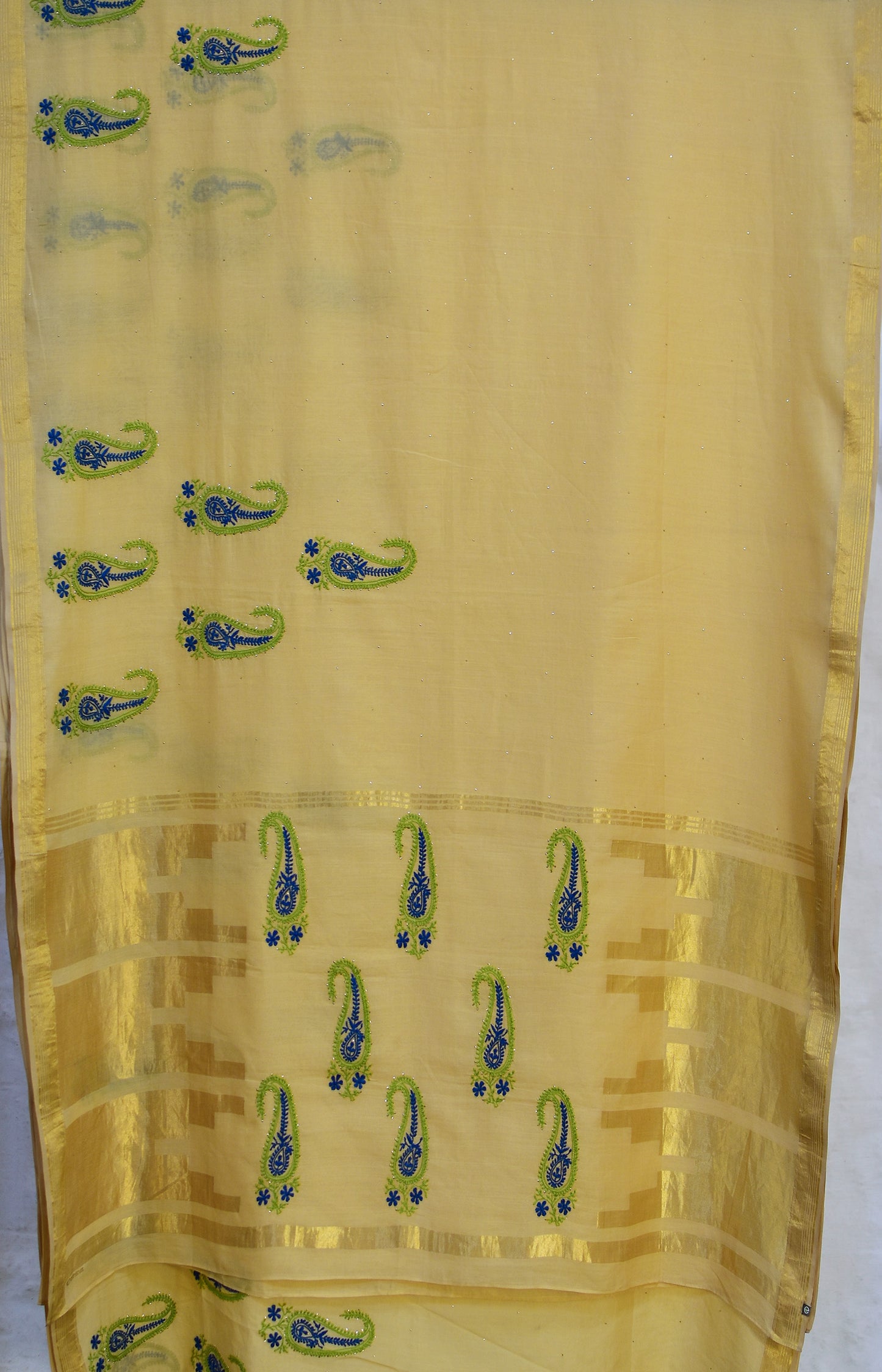 Yellow - Hand Embroidered Organic Cotton Saree