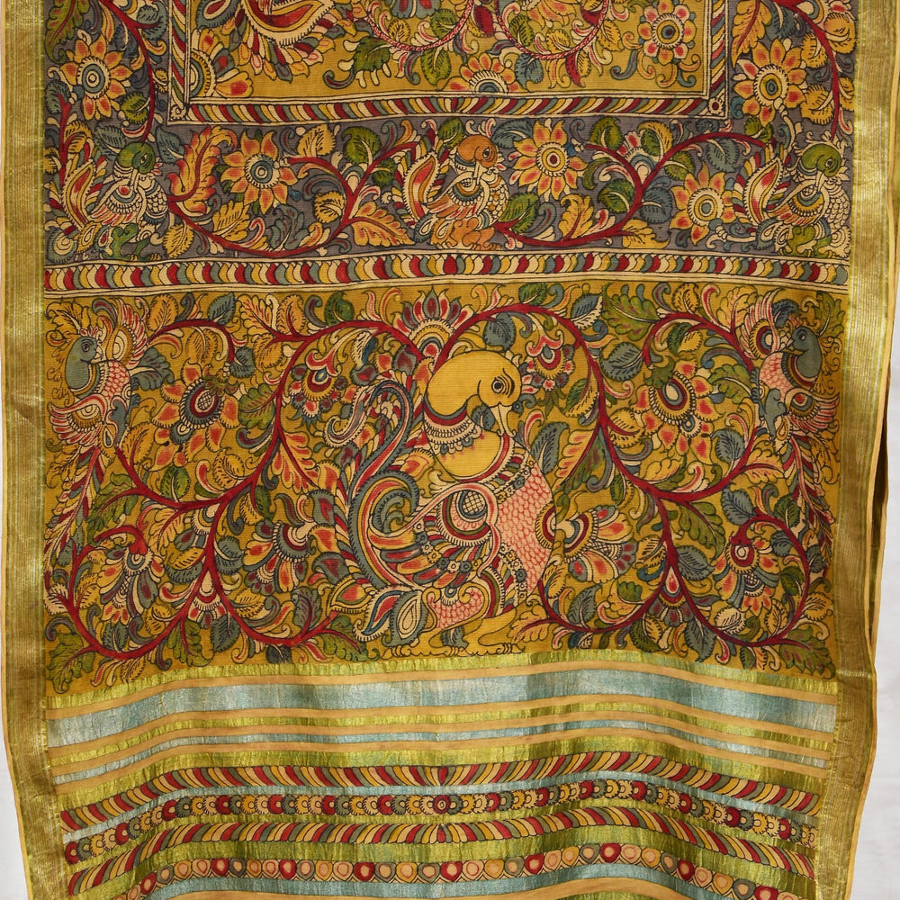 Yellow & Madder - Peacock Motif  Kalamkari Organic Cotton Saree