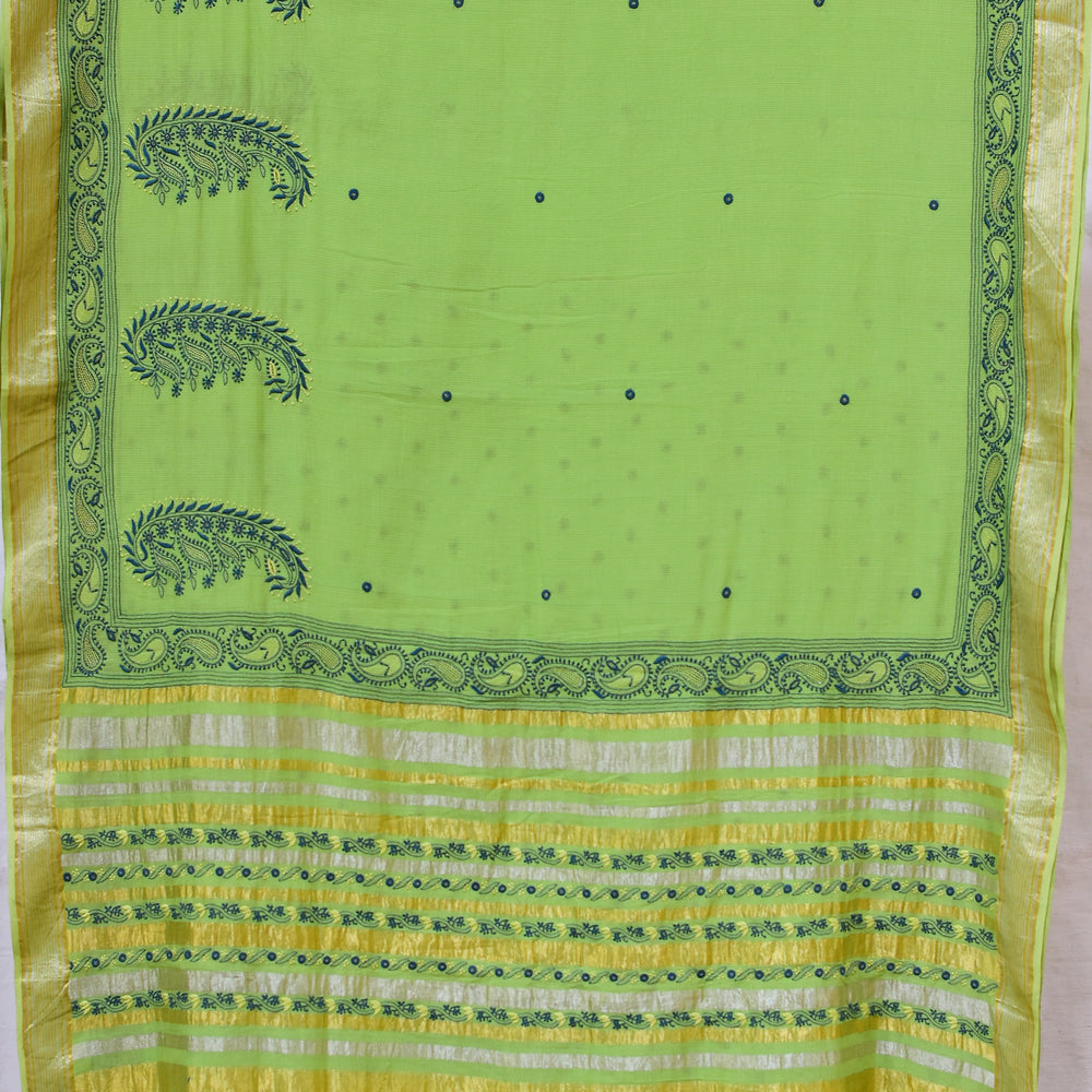 Parrot Green - Hand Embroidered Organic Cotton Saree