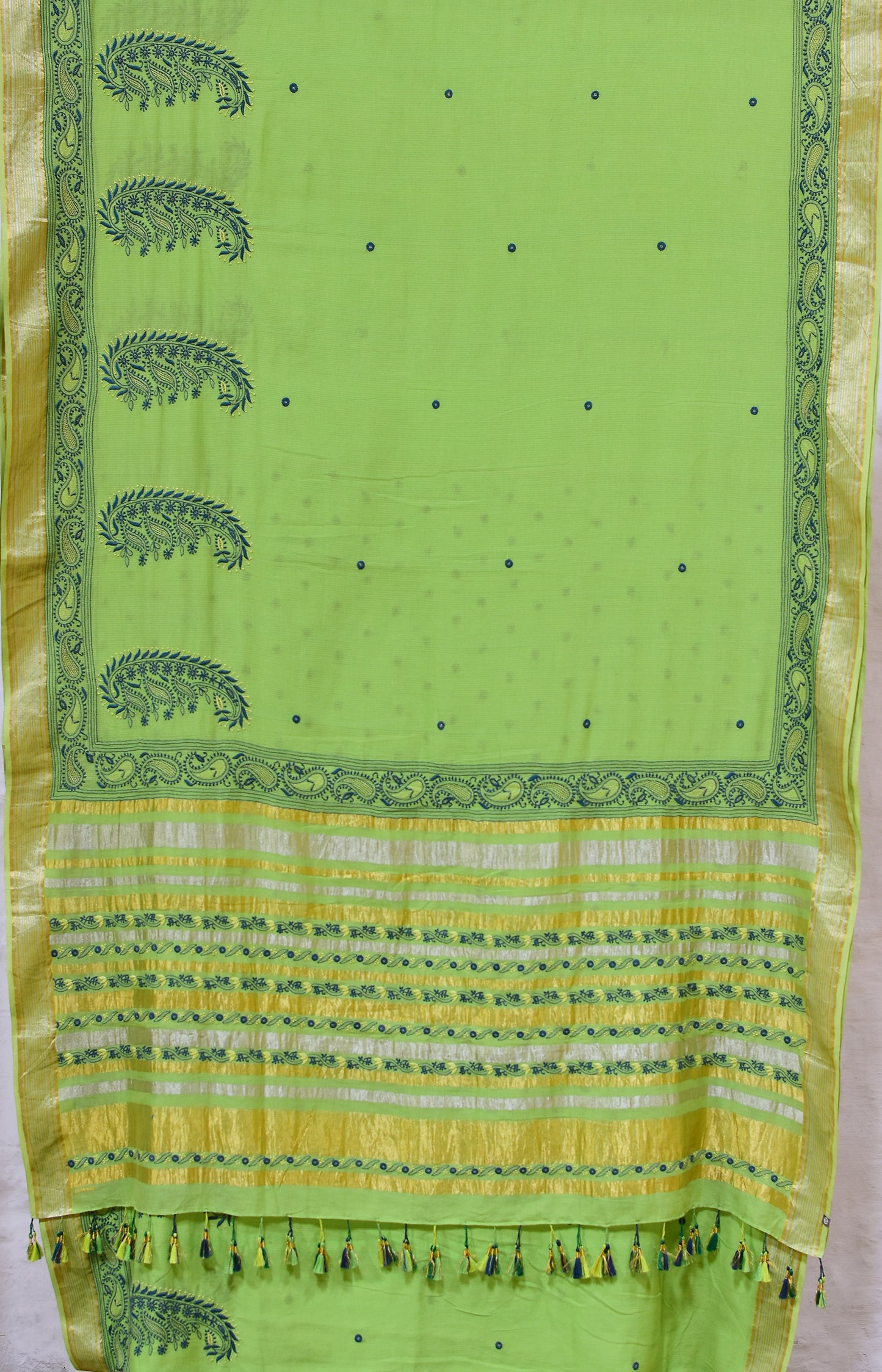 Parrot Green - Hand Embroidered Organic Cotton Saree