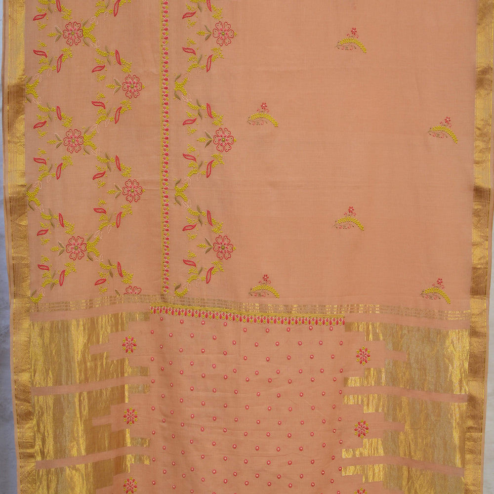 Peach - Hand Embroidered Organic Cotton Saree