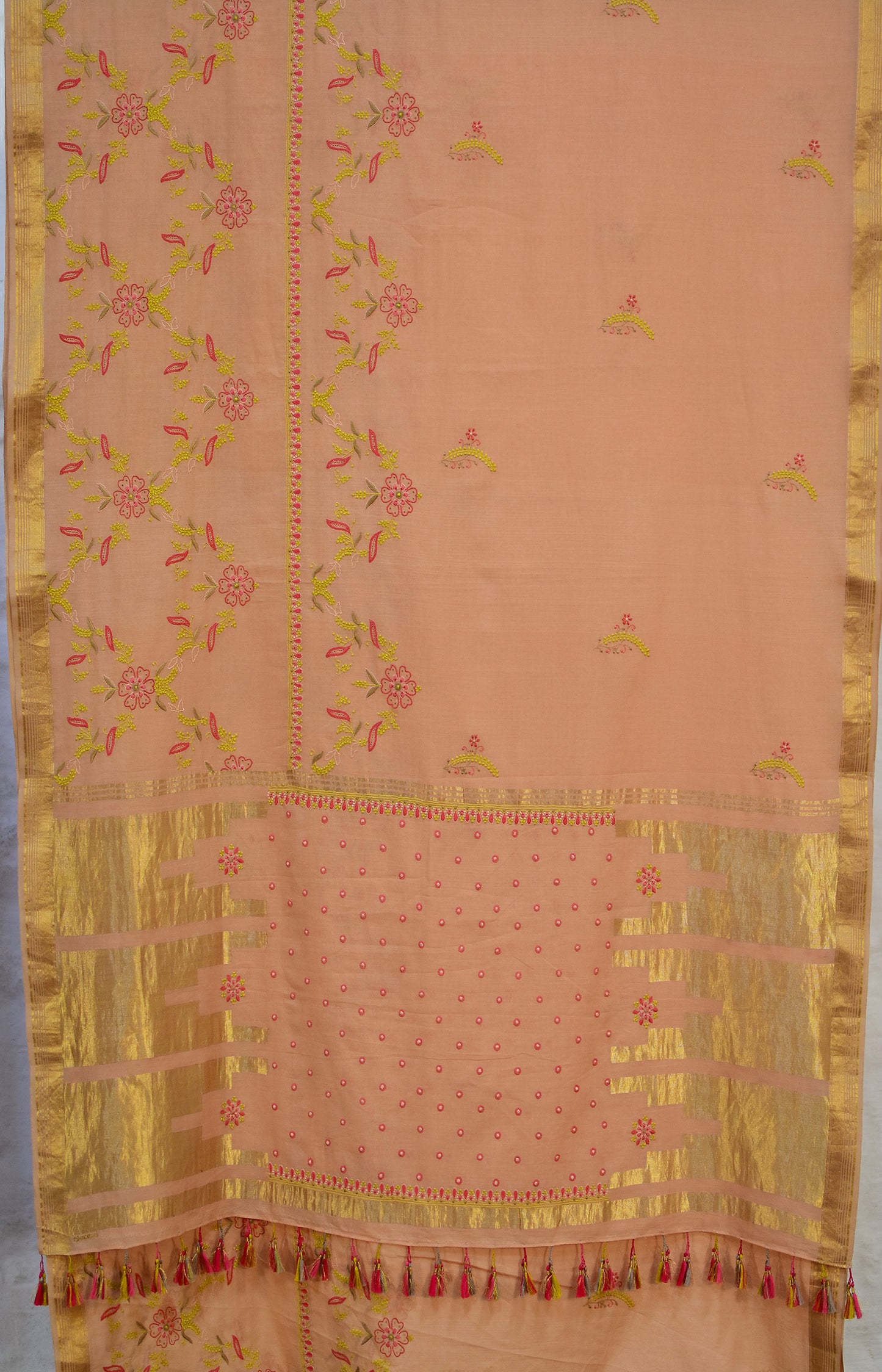 Peach - Hand Embroidered Organic Cotton Saree