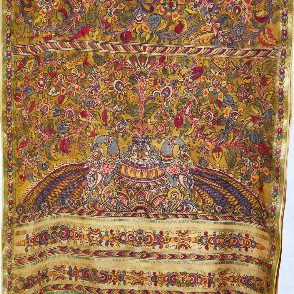 
                      
                        Yellow & Madder - Peacock pallu Kalamkari Organic Cotton Saree
                      
                    