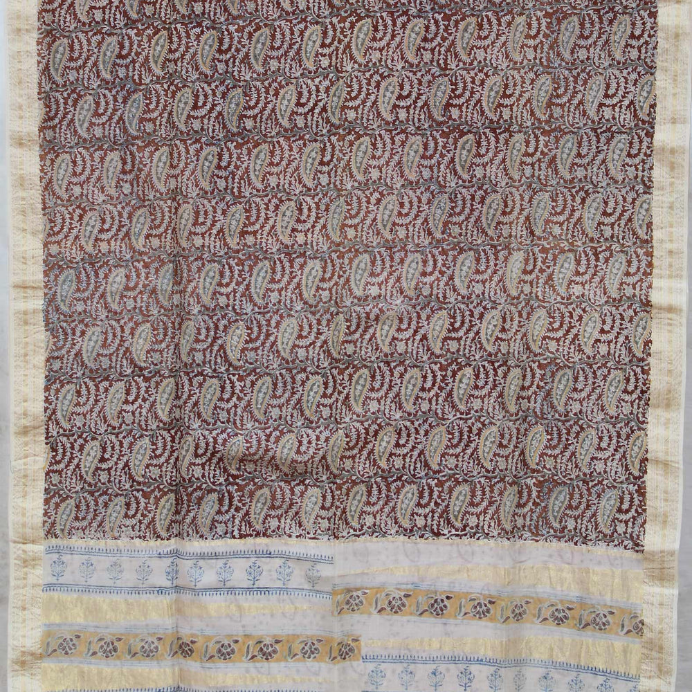 Brown - Block Printed Organic Cotton Saree