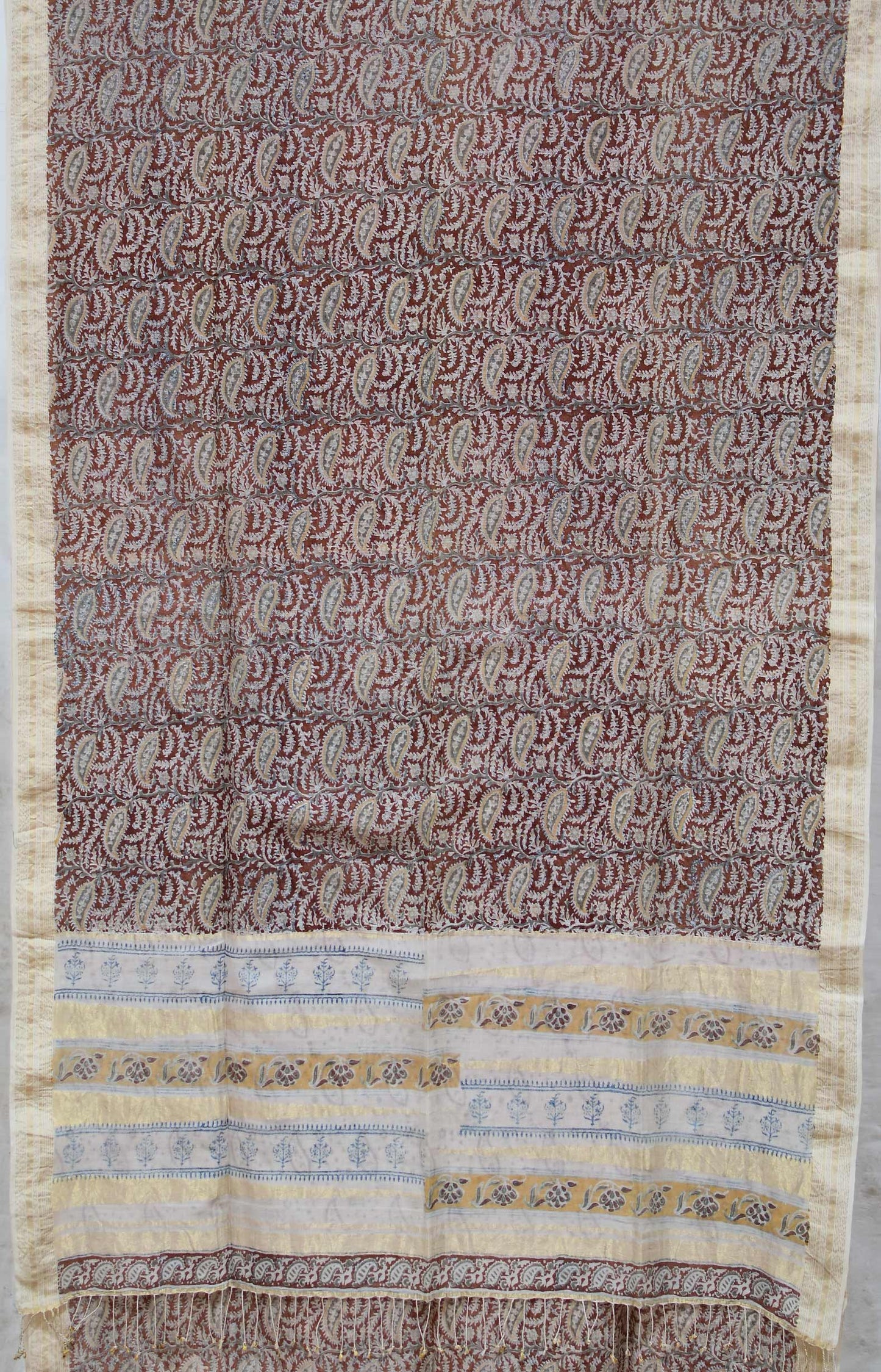 Brown - Block Printed Organic Cotton Saree