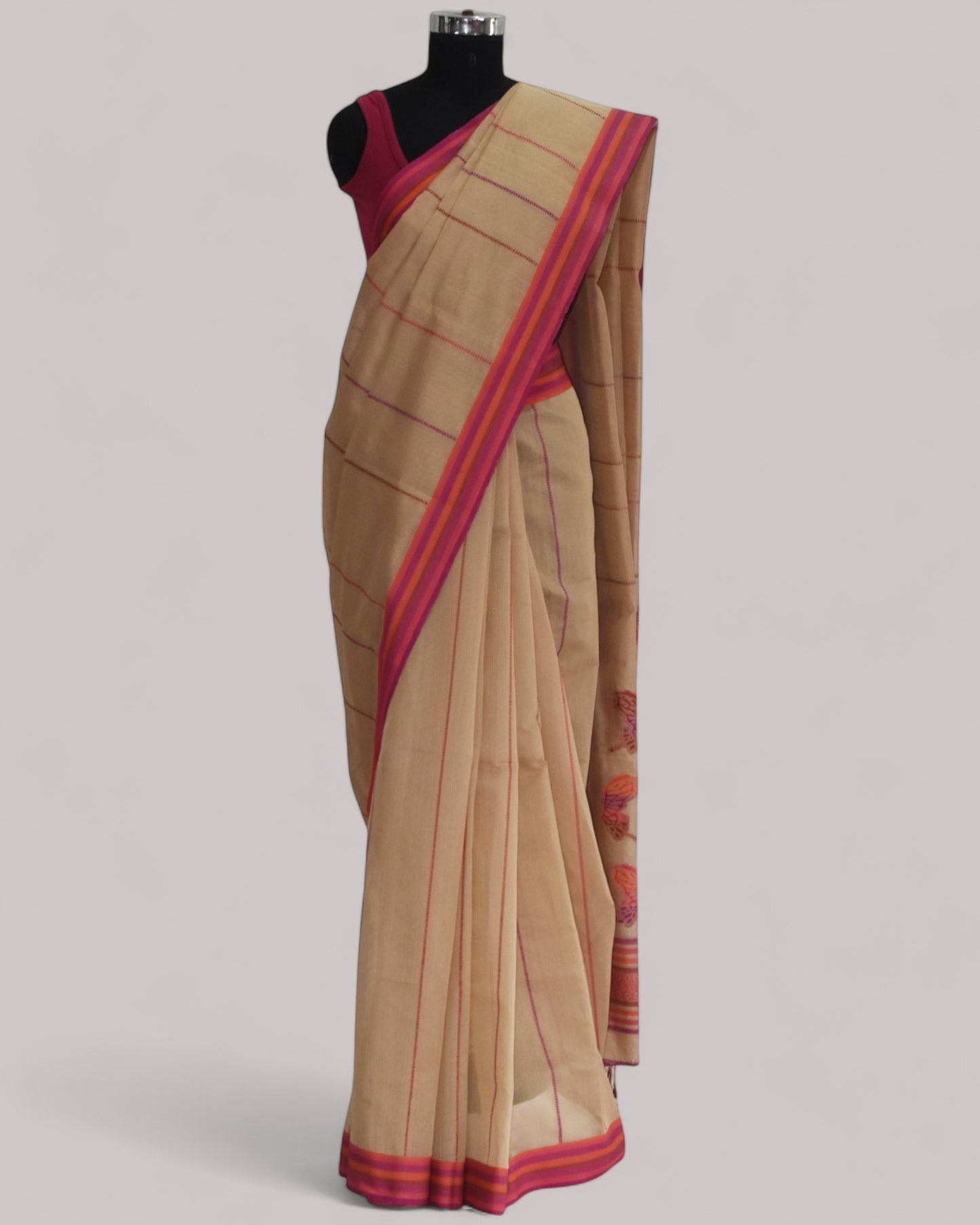 Beige - Butterfly Motif Organic Cotton Saree