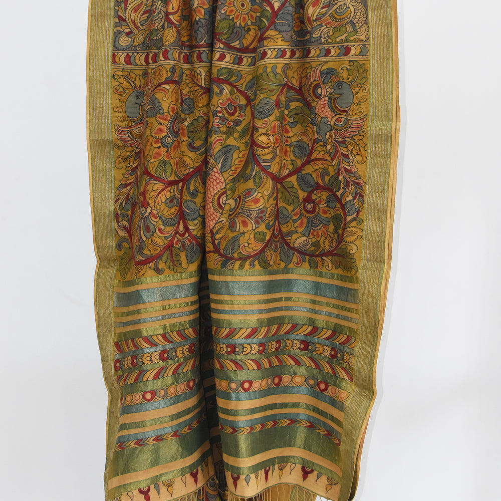 
                      
                        Yellow & Madder - Peacock Body Kalamkari Organic Cotton Saree
                      
                    