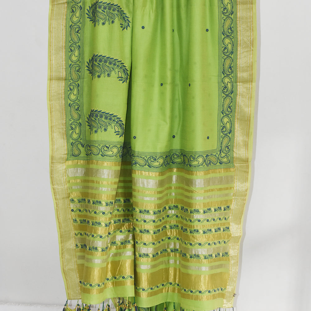 
                      
                        Parrot Green - Hand Embroidered Organic Cotton Saree
                      
                    