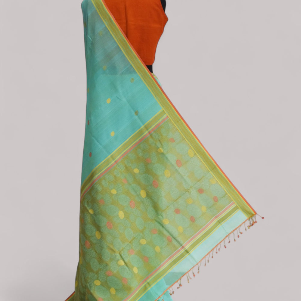 Sea Blue - Cactus Motif Organic Cotton Saree