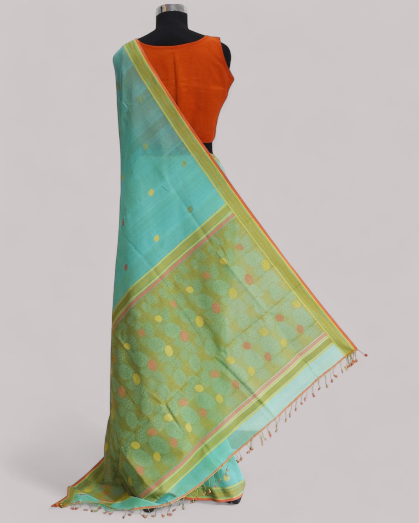 Sea Blue - Cactus Motif Organic Cotton Saree