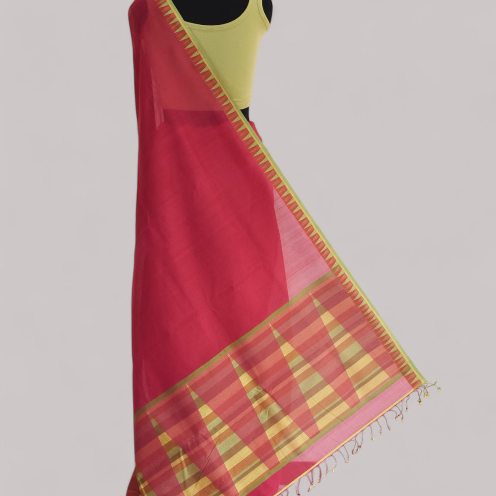 Red - Temple Motif Organic Cotton Saree