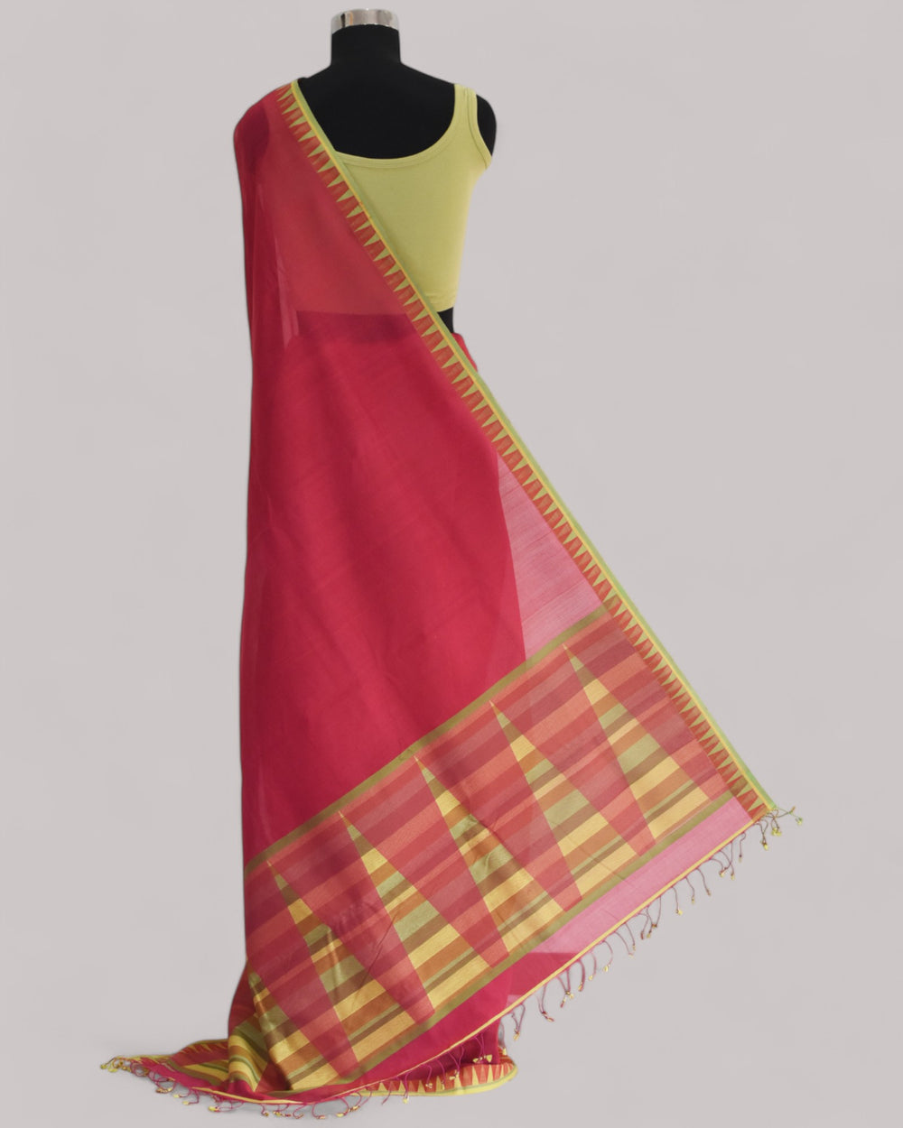 Red - Temple Motif Organic Cotton Saree