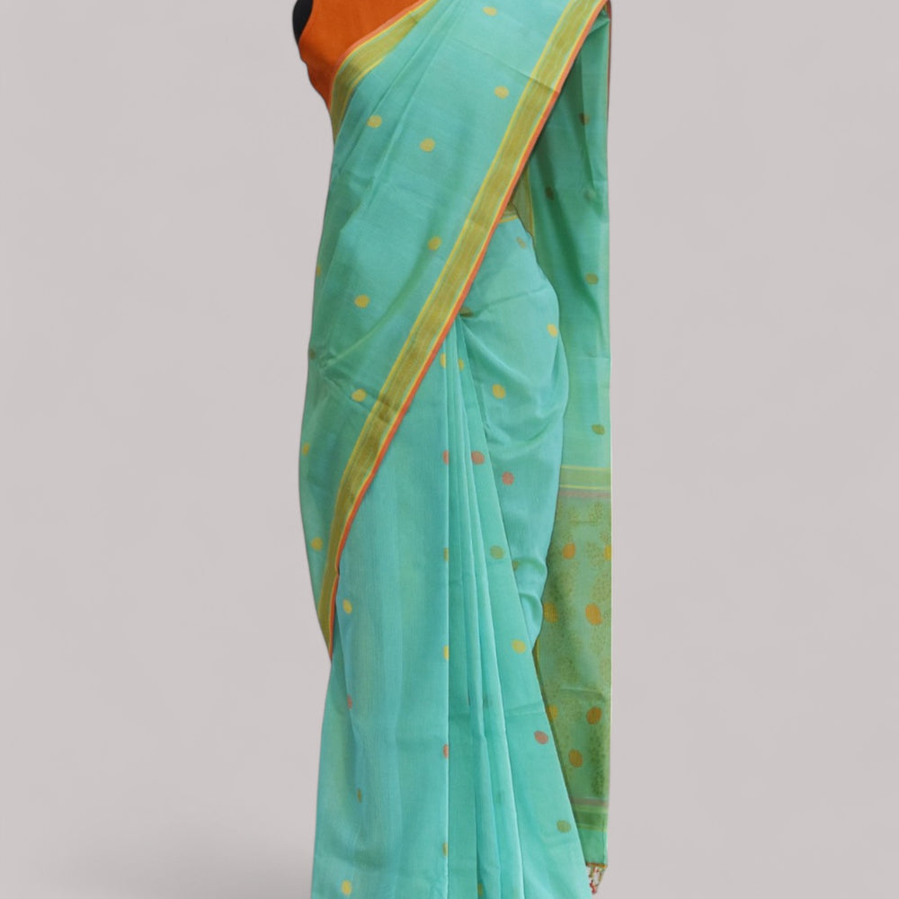 Sea Blue - Cactus Motif Organic Cotton Saree