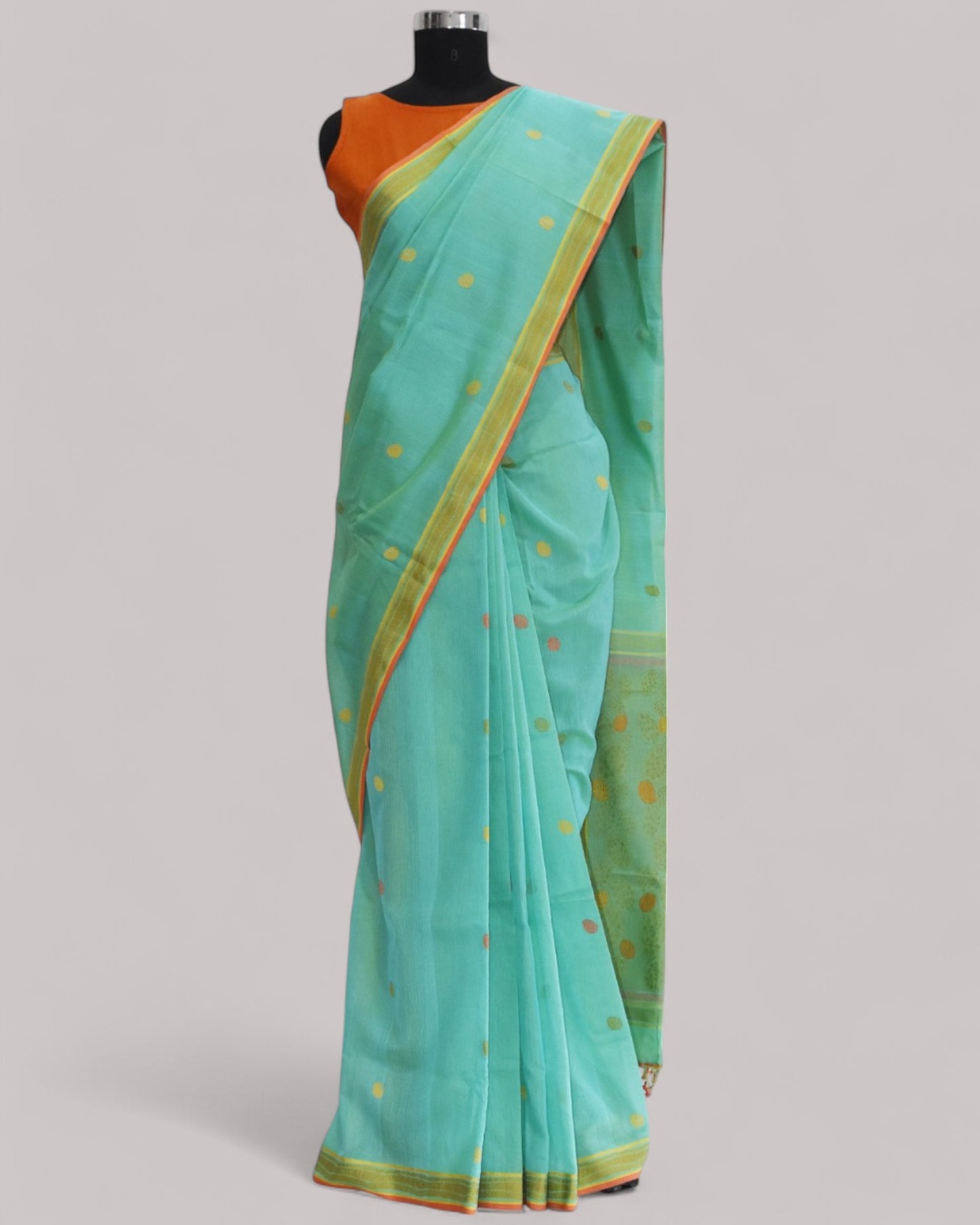 Sea Blue - Cactus Motif Organic Cotton Saree