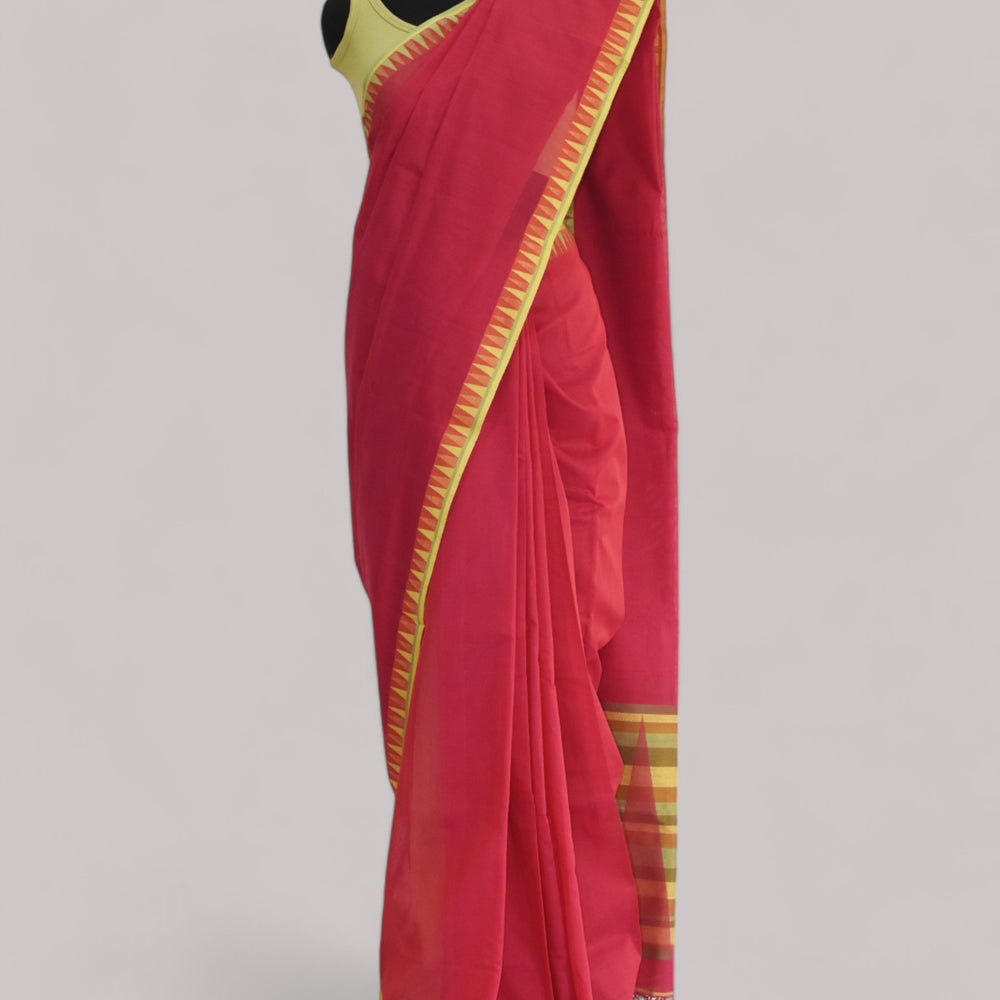 Red - Temple Motif Organic Cotton Saree