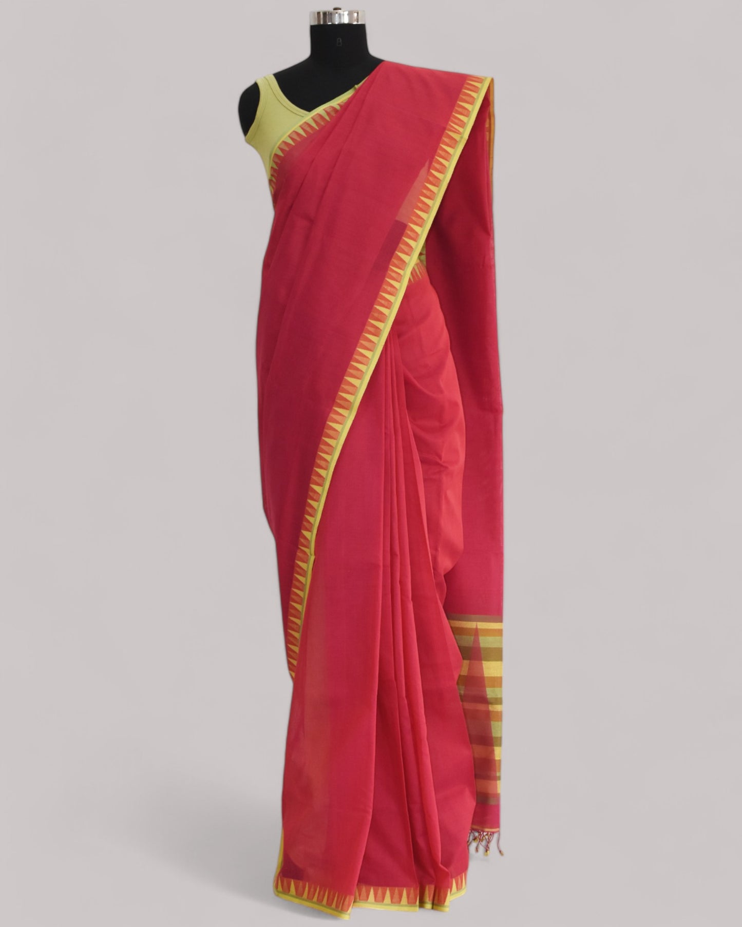 Red - Temple Motif Organic Cotton Saree