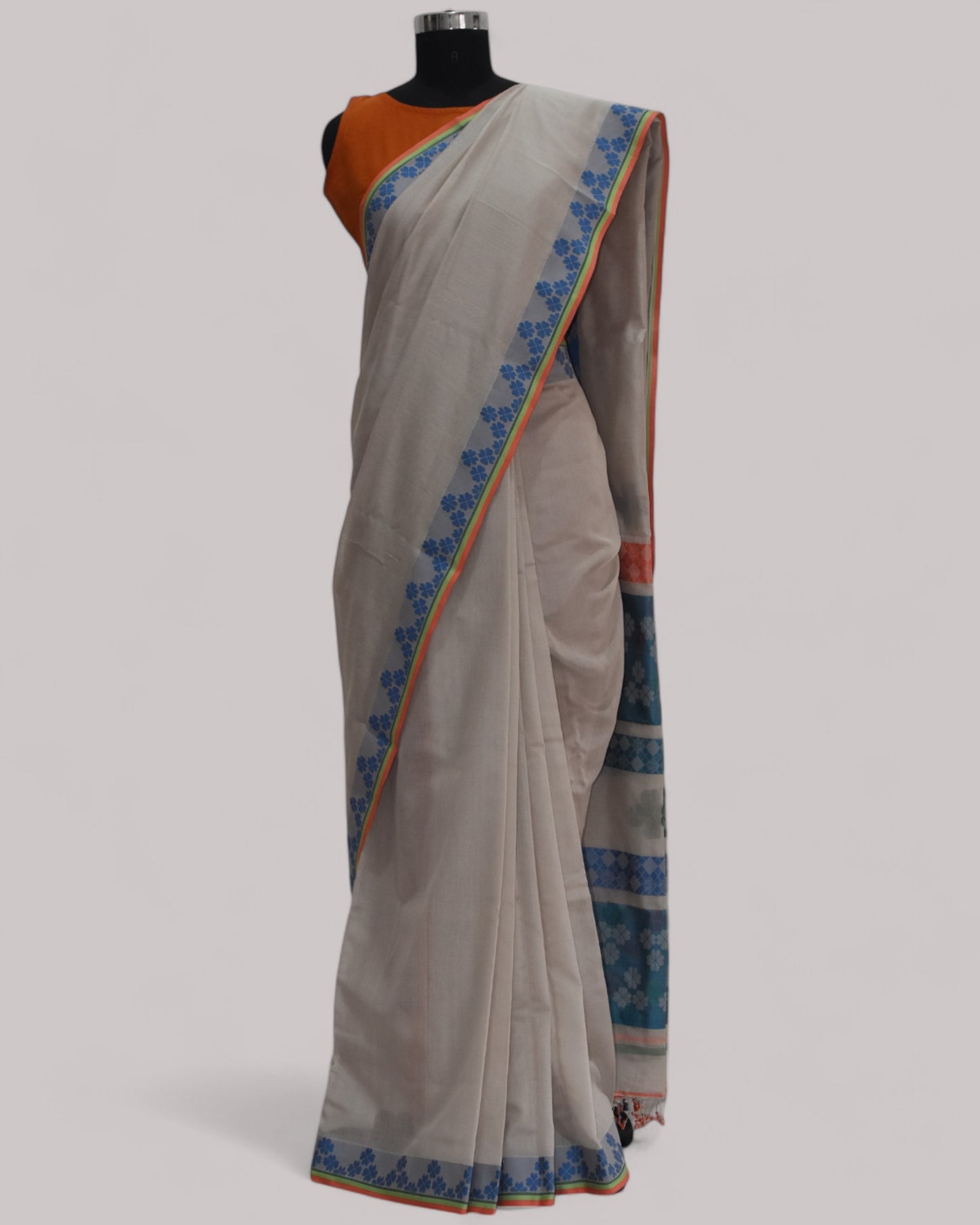 Beige - Clover Motif Organic Cotton Saree