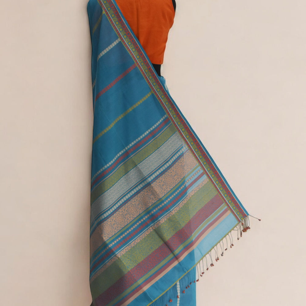 Blue - Floral & Geometric Organic Cotton Saree